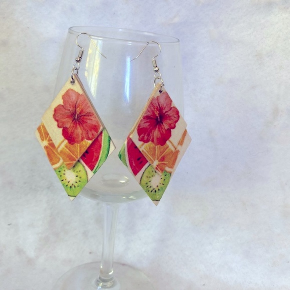 Lightweight Tropical Wood Dangle Earrings Hibiscus Kiwi Watermelon 3” Tiered